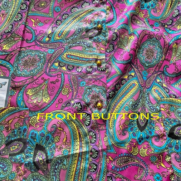 BLOUSE, SILKY POLYESTER, COLOUR: PINK PAISLEY MIX, SIZE 4X, BUTTON CUFFS, BUTTON - Picture 9 of 15